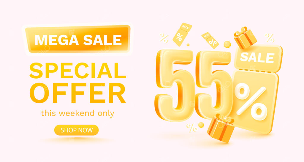 پیشنهاد ویژه ۵۵ درصد تخفیف: بنر و پوستر فروش بزرگ همراه با جعبه هدیه و چک هدیه وکتور