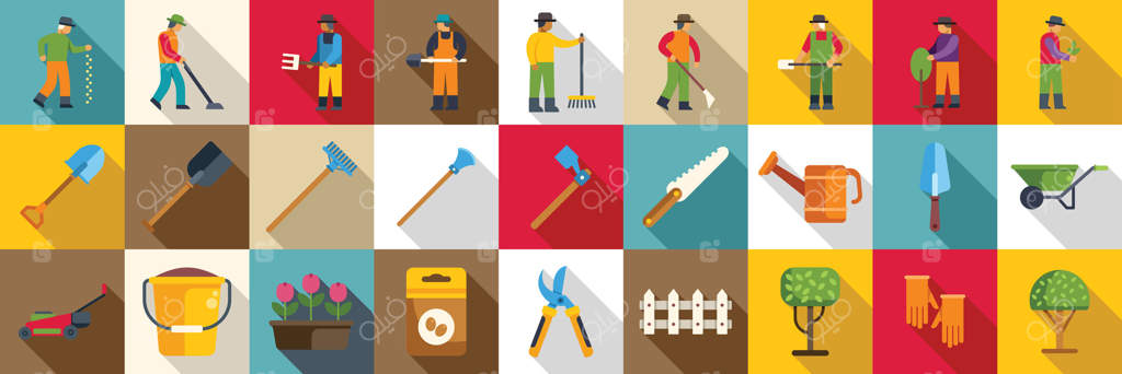 مجموعه آیکون‌های کارگر چمن‌زار. باغبان‌ها در حال مراقبت از گیاهان و درختان با استفاده از ابزارهای مختلف، مجموعه آیکون طراحی تخت با سایه بلند