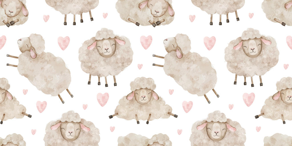 گوسفند پشمالو به رنگ بژ و قلب‌ها. بره عاشق. پترن آبرنگی یکپارچه بچه‌گانه. پس‌زمینه‌ای برای روز ولنتاین، کاغذ نوشتاری، روتختی، پارچه، ملحفه، حمام نوزاد و کاغذ دیواری.
