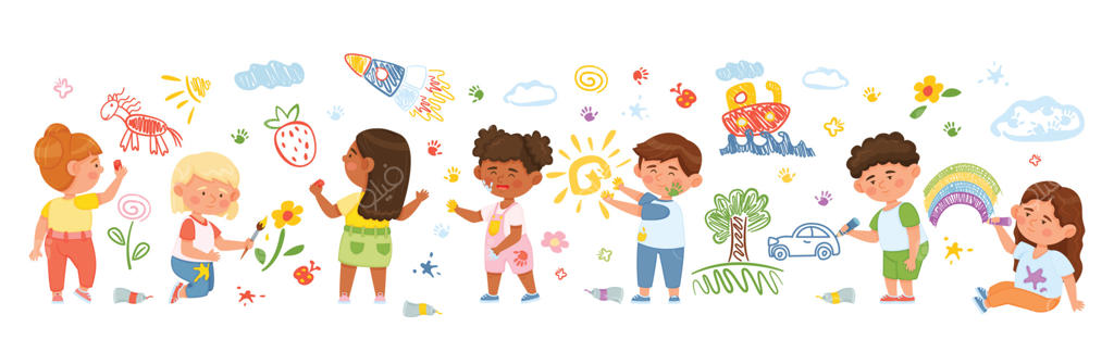 نقاشی کودکان کارتونی روی دیوار، بچه‌های خلاق در حال طراحی با مداد یا رنگ. تصویرسازی وکتور شخصیت‌های پیش‌دبستانی در حال کشیدن تصاویر رنگارنگ