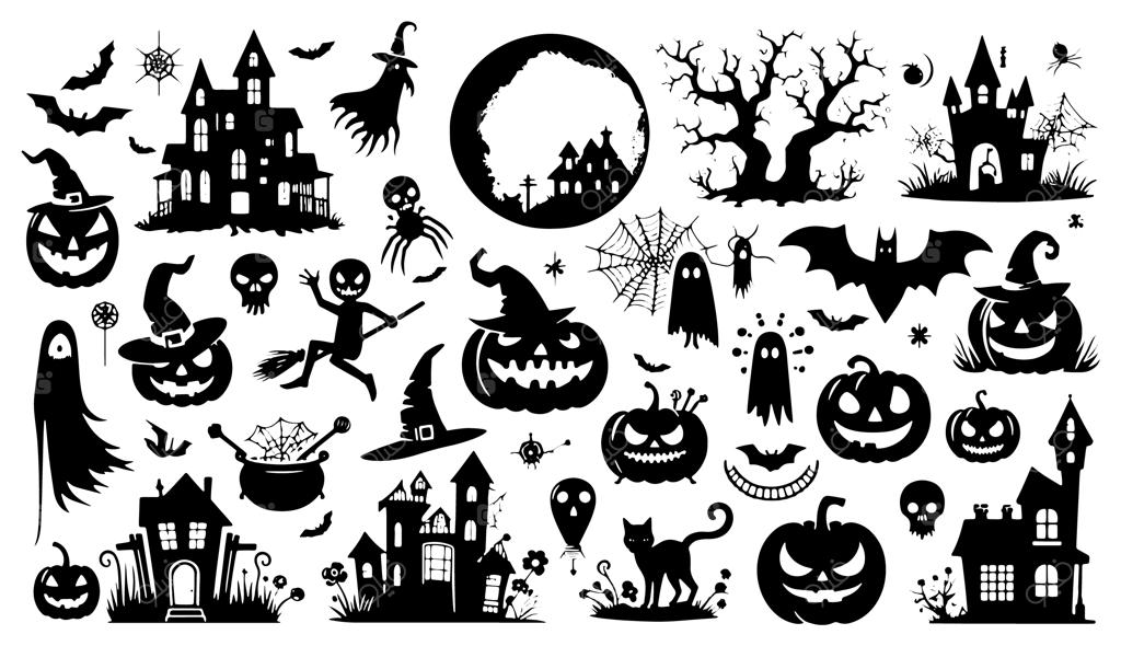 مجموعه تصویرسازی‌های سیاه و سفید شامل روح و گربه