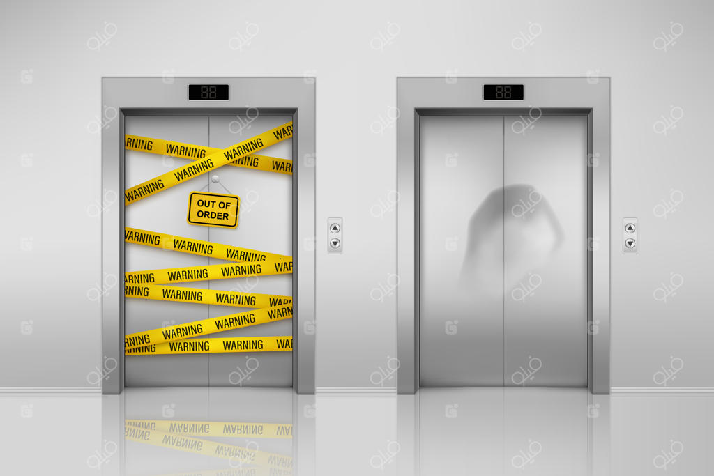 مجموعه آسانسورهای خراب و بسته شده: نگهداری آسانسور با نوارچسب و درهای ضربه‌خورده. آسانسورهای از کار افتاده در ساختمان اداری یا هتل، راهرو و درب ورودی.