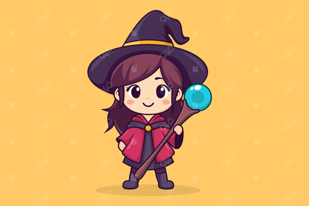 تصویرسازی دختر جادوگر بامزه با چوب جادو به سبک کارتونی تخت؛ مناسب برای صفحه فرود، بنر، استیکر و پس‌زمینه