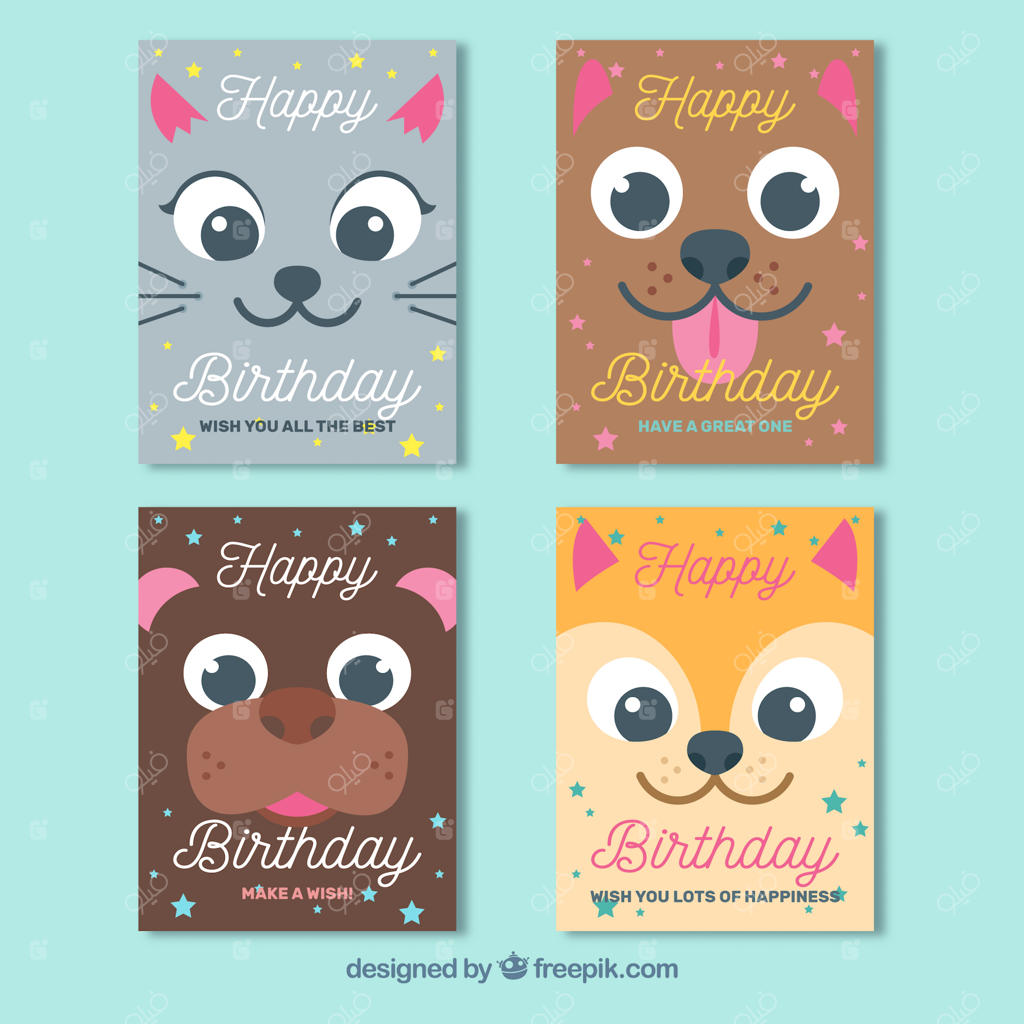 مجموعه‌ای از چهار کارت تولد با طراحی تخت و حیوانات