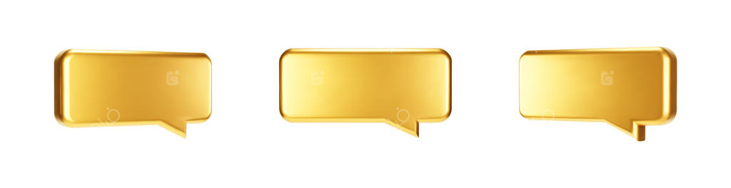 مجموعه حباب گفتگو سه‌بعدی طلایی بر روی زمینه سفید. آیکون براق و درخشان حباب گفتگوی فلزی طلایی برای شبکه‌های اجتماعی یا وب‌سایت