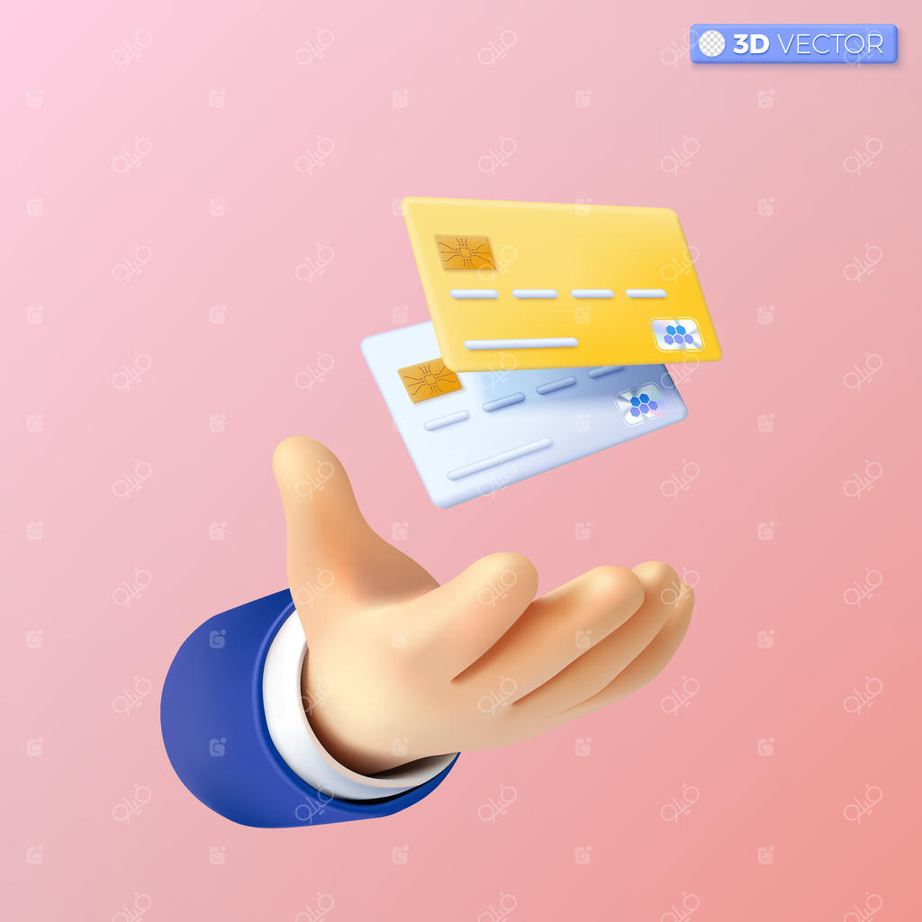 آیکون سه‌بعدی دست و کارت اعتباری: کارت بدهی یا اعتباری، کارت تجاری، کارت مالی، کارت امنیتی، کارت کارمندی، مفهوم طرح اولیه. تصویر سه‌بعدی وکتور با سبک کارتونی و مینیمال پاستلی.