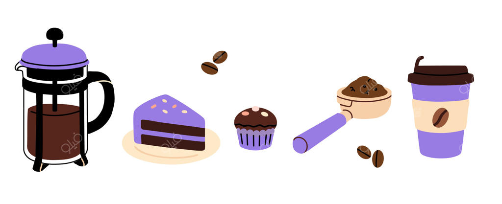 مجموعه‌ای از قهوه‌ساز، لیوان‌های بیرون‌بر، برش‌های کیک، مافین و دانه‌های قهوه در طیف رنگی بنفش ملایم