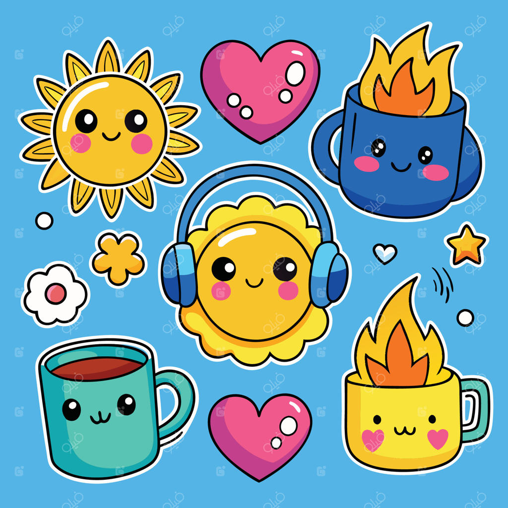 مجموعه برچسب کارتونی جذاب با طرح خورشید لبخندزن، لیوان قلبی‌شکل و هدفون‌ها