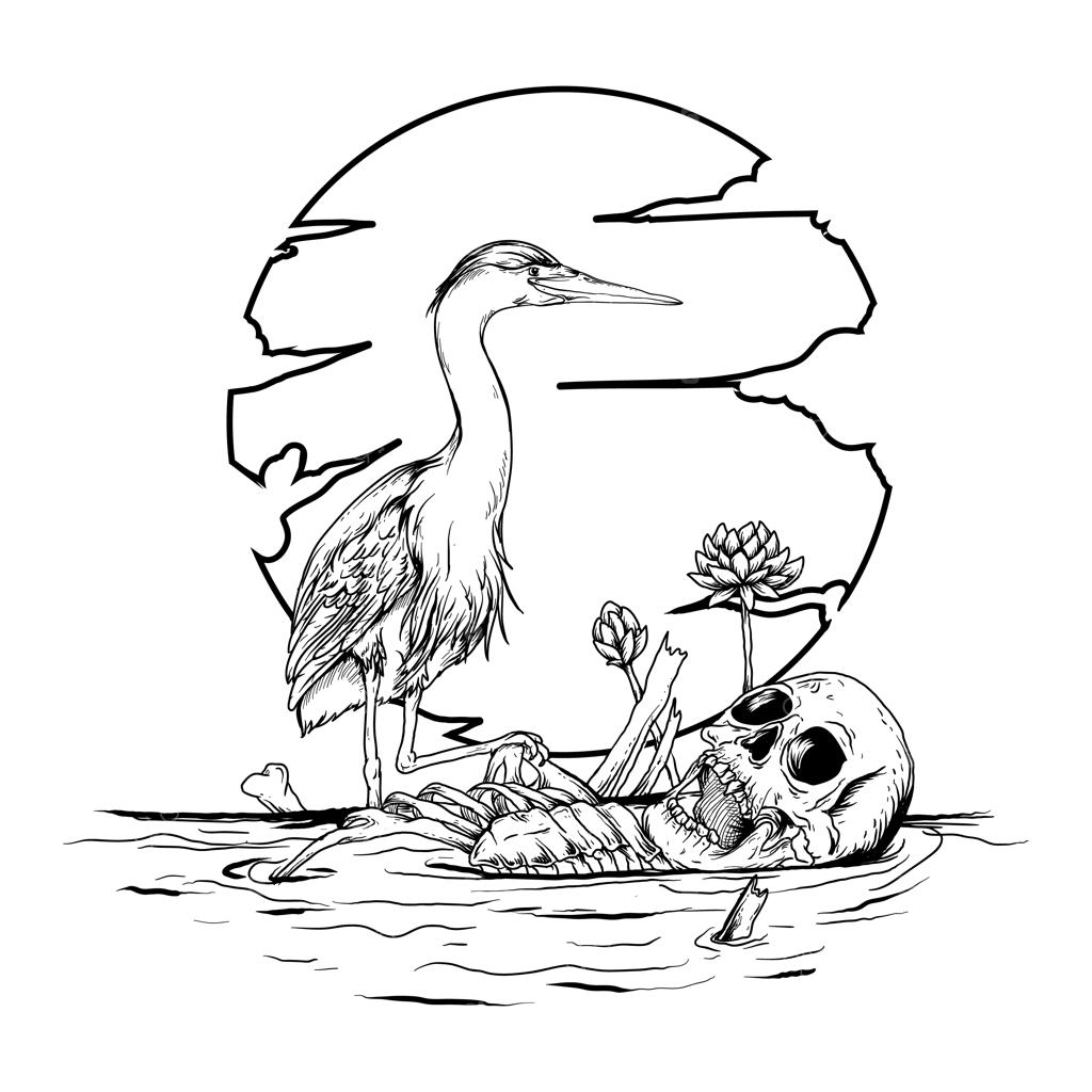 طراحی تتو و تی‌شرت: تصویر دست‌کشیده سیاه و سفید از درنا و اسکلت انسان