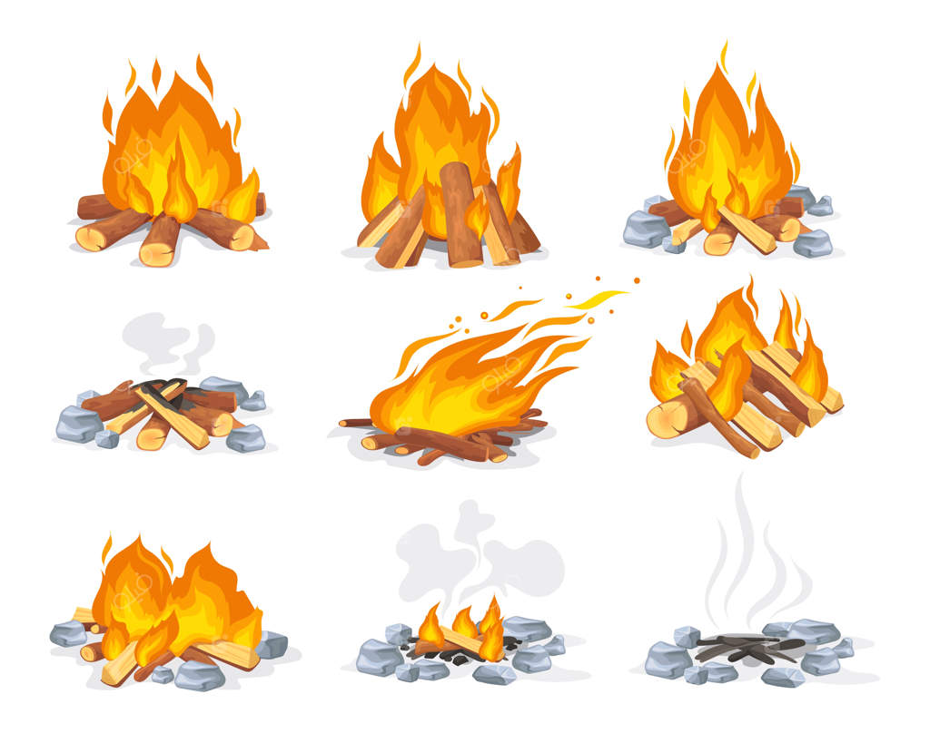 آتش‌سوزی و خاموشی آتش بزرگ در جنگل: شومینه، بخاری، کنده‌های سوخت، کارتون پاییزی، آتش‌ اردوگاهی، چوب‌های قابل اشتعال و تصویرگری وکتور جذاب.
