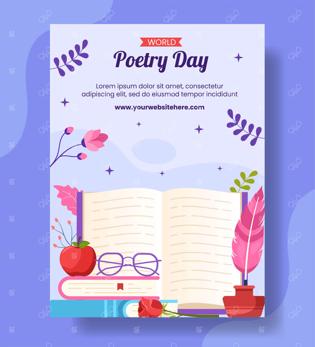 پوستر عمودی روز جهانی شعر با طراحی کارتونی قلم و کاغذ