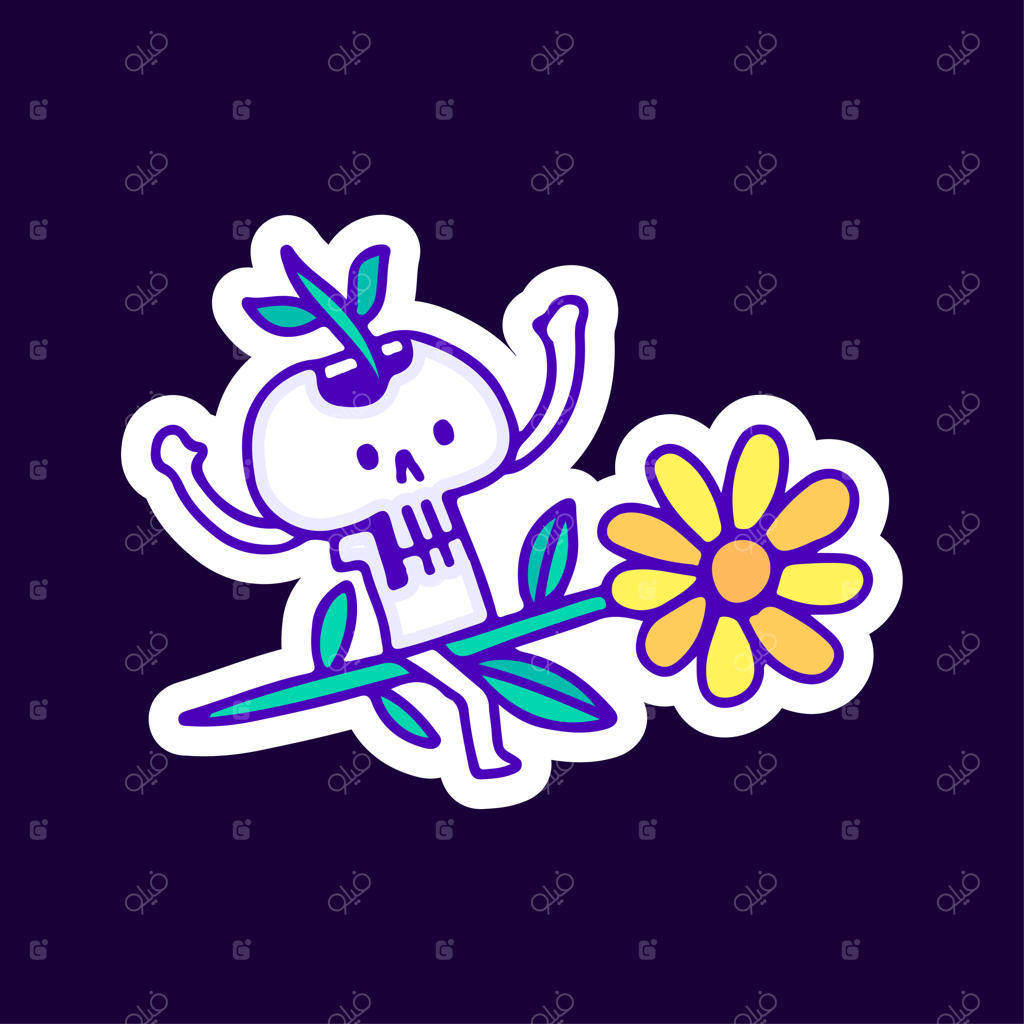 کارتون جمجمه بامزه در حال سواری بر آفتابگردان، مناسب برای طرح تی‌شرت و استیکر.