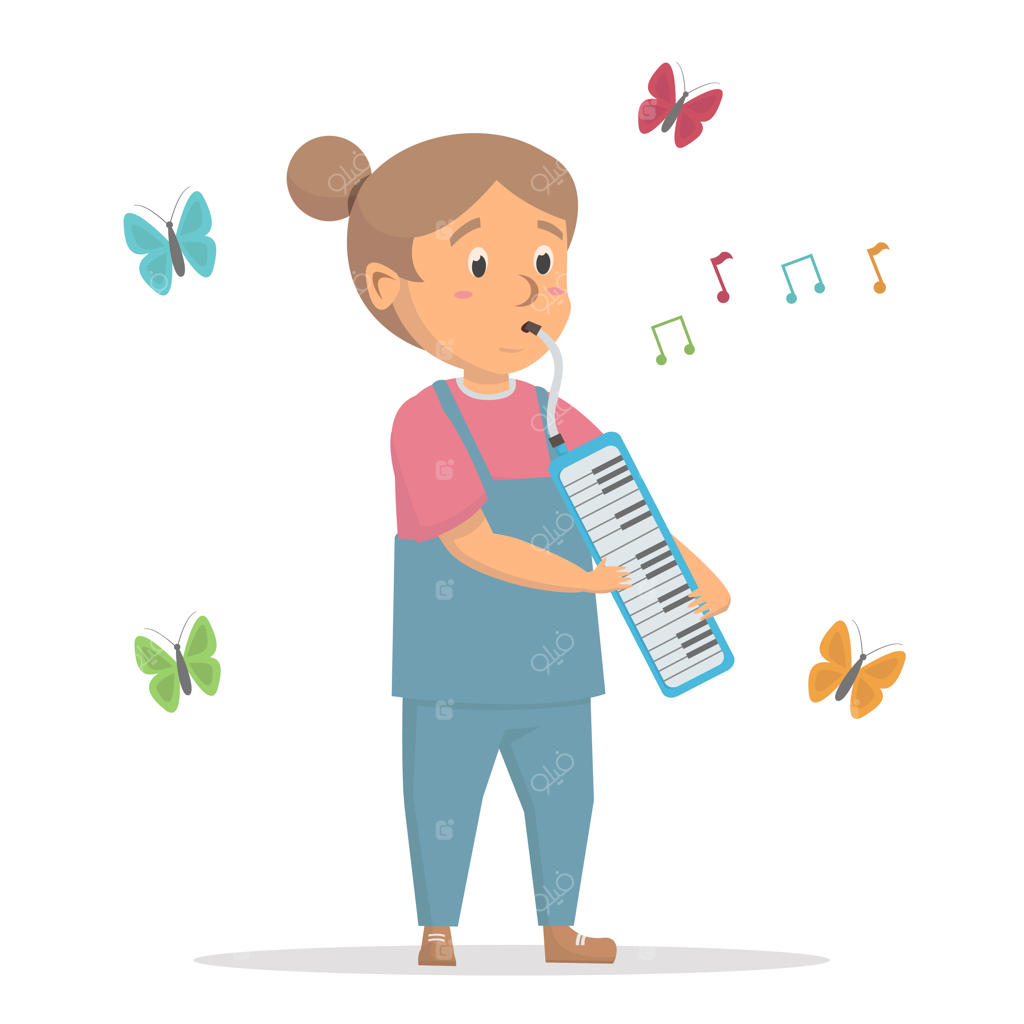 تصویر دختربچه بامزه در حال نواختن پیانیکا