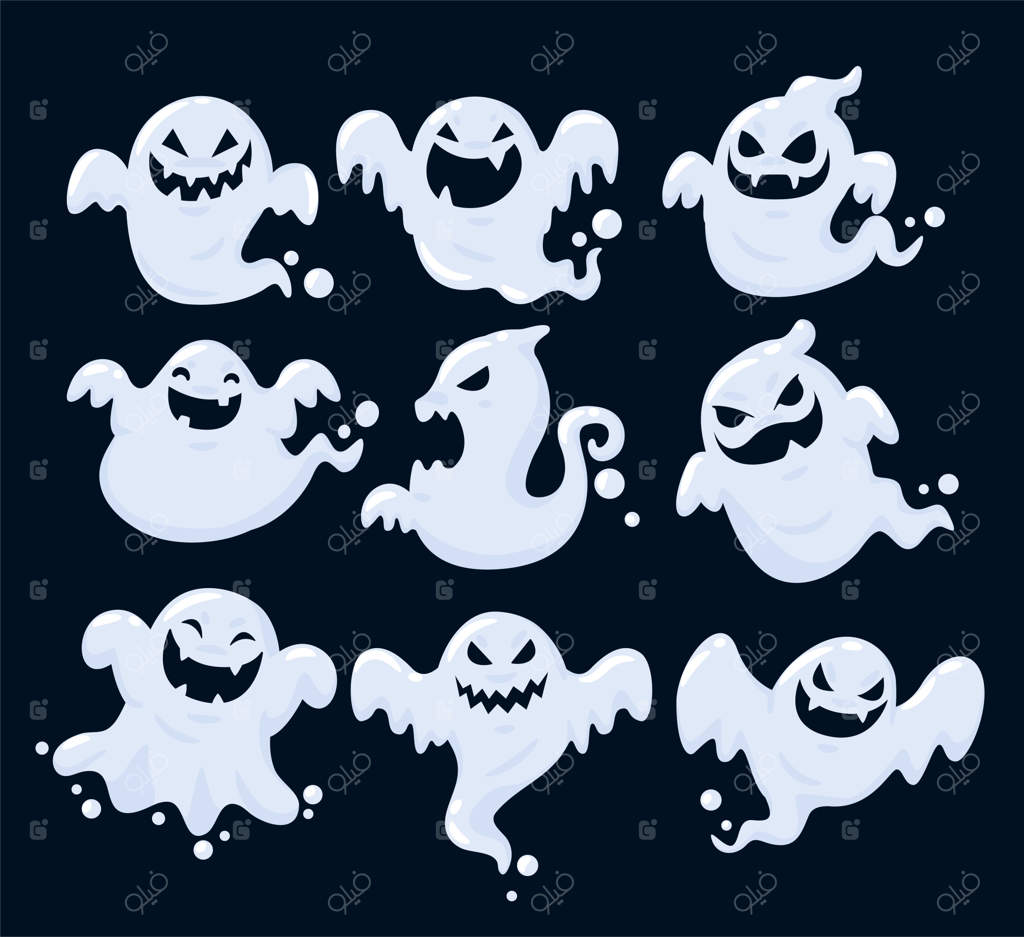 مجموعه‌ای از سایه‌های ارواح در حال پرواز در شب هالووین.