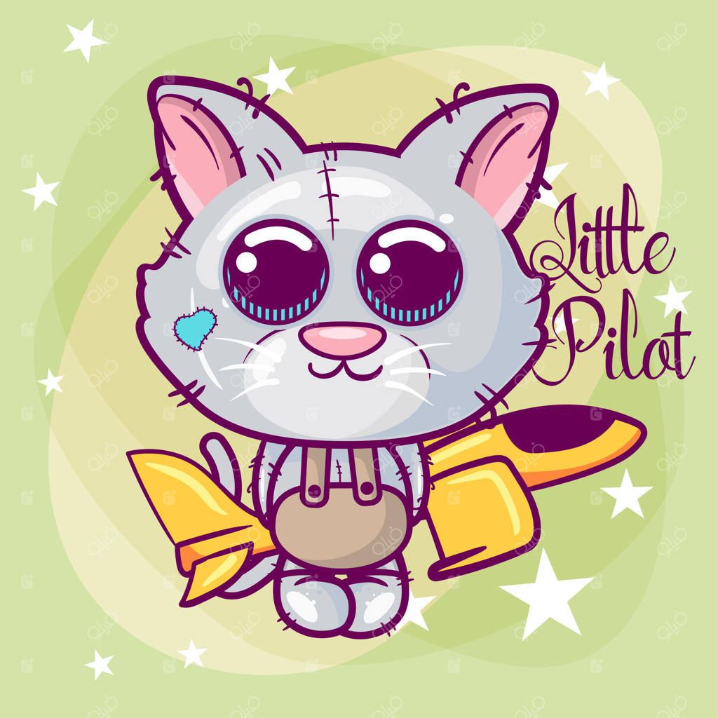 کارت تبریک با تصویر کارتونی گربه بامزه در کنار هواپیما