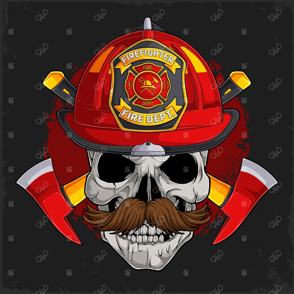 جمجمه انسان با سبیل قهوه‌ای جذاب و کلاه ایمنی قرمز آتش‌نشانی با نشان اداره آتش‌نشانی در جلو