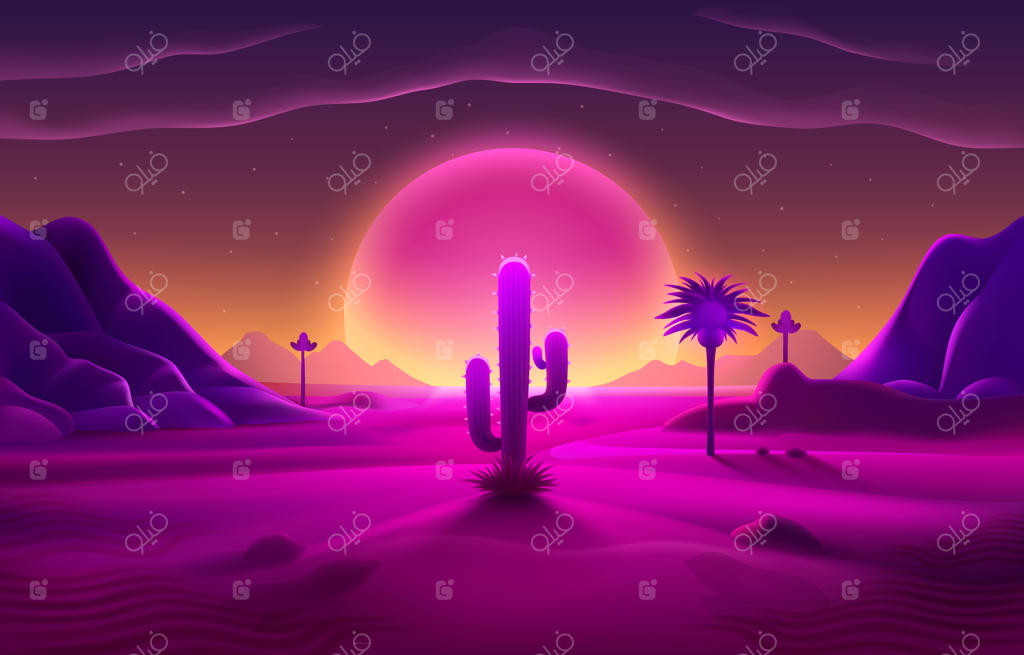 پوشش نئونی موج‌های نوستالژیک در بیابان با بک‌گراند وکتور طبیعت و واحه و نخل‌ها