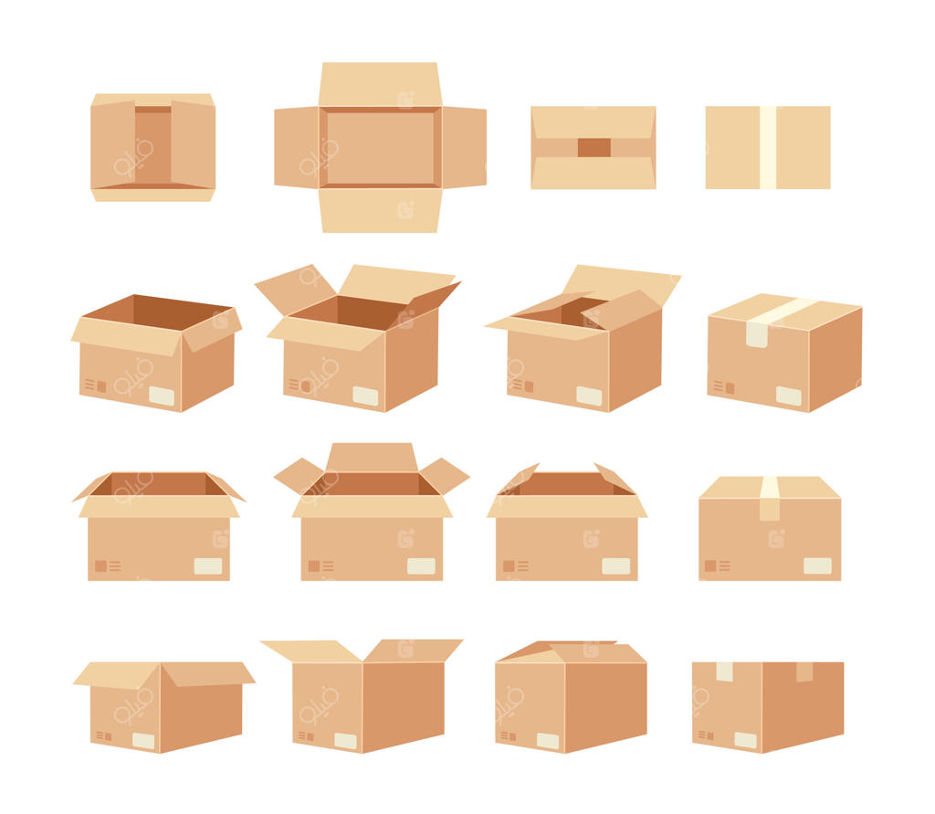 مجموعه جعبه‌های خالی بسته‌بندی؛ کارتن‌های مقوایی باز و بسته کرافت با علائم حمل‌ونقل در نماهای بالا، روبرو و جانبی