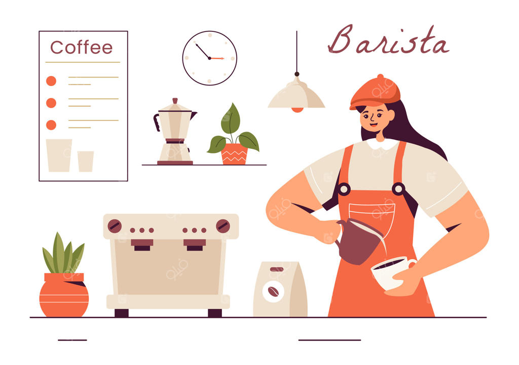 تصویرسازی وکتوری باریستا با پیش‌بند و در حال کف دادن شیر برای قهوه مشتری در زمینه کارتونی ساده