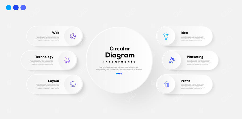 قالب وکتور اینفوگرافیک دایره‌ای ۶ مرحله‌ای مدرن و مینیمال؛ طرح نمودار شیک، تمیز و قابل ویرایش