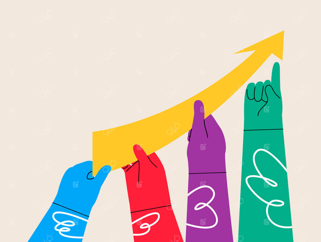 دستان افراد مختلف یک فلش فروش رو به رشد را نگه داشته‌اند. تصویرسازی رنگارنگ