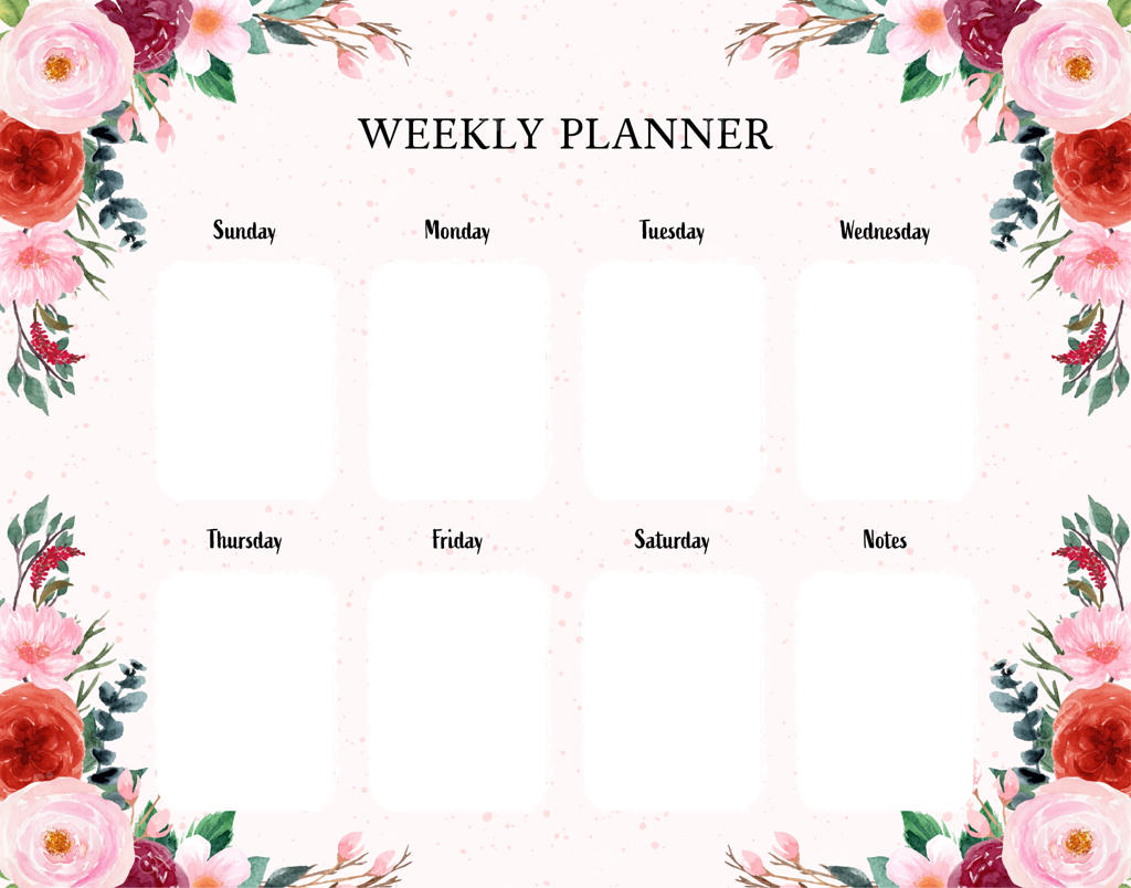 برنامه‌ریز هفتگی با طرح گل‌های آبرنگی به رنگ قرمز و صورتی جذاب