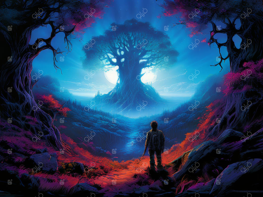 تصویرسازی دیجیتال جنگل فانتزی با مردی در پس‌زمینه
