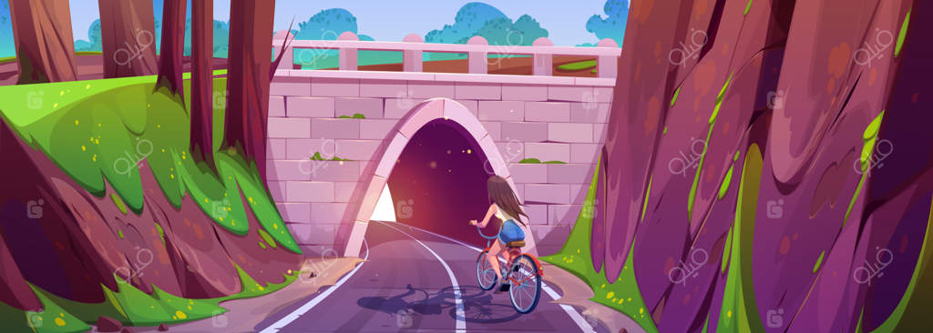 دختر دوچرخه‌سواری در جاده ورودی تونل - کارتون جاده کوهستانی با سرعت و ترافیک - شخصیت زن در مسیر زیرزمینی - نمای پل آجری روی تپه