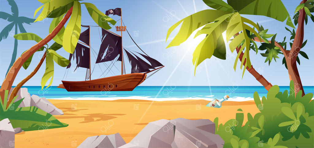 کشتی دزدان دریایی نزدیک جزیره با درختان نخل، صخره‌ها و دریا یا اقیانوس، بوته‌ها و سنگ‌ها