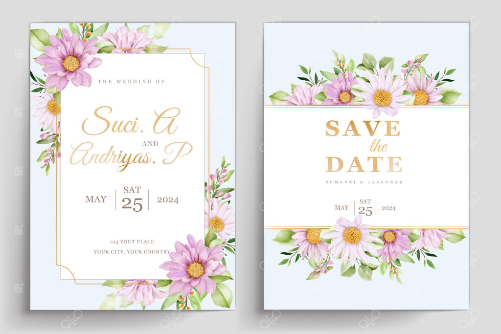 مجموعه کارت دعوت عروسی با طراحی گل داوودی آبرنگی