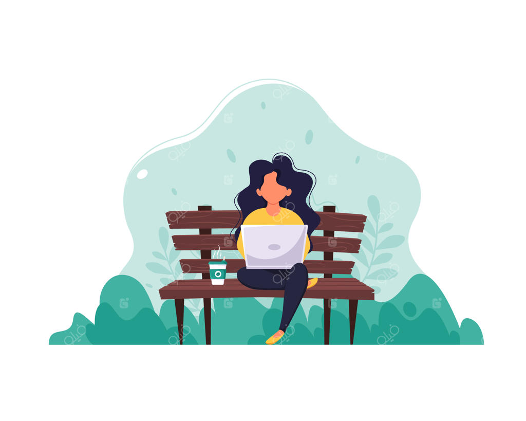 زنی روی نیمکت با لپ‌تاپ و قهوه: مفهوم کار از راه دور، فریلنسینگ و آموزش آنلاین به سبک ساده.