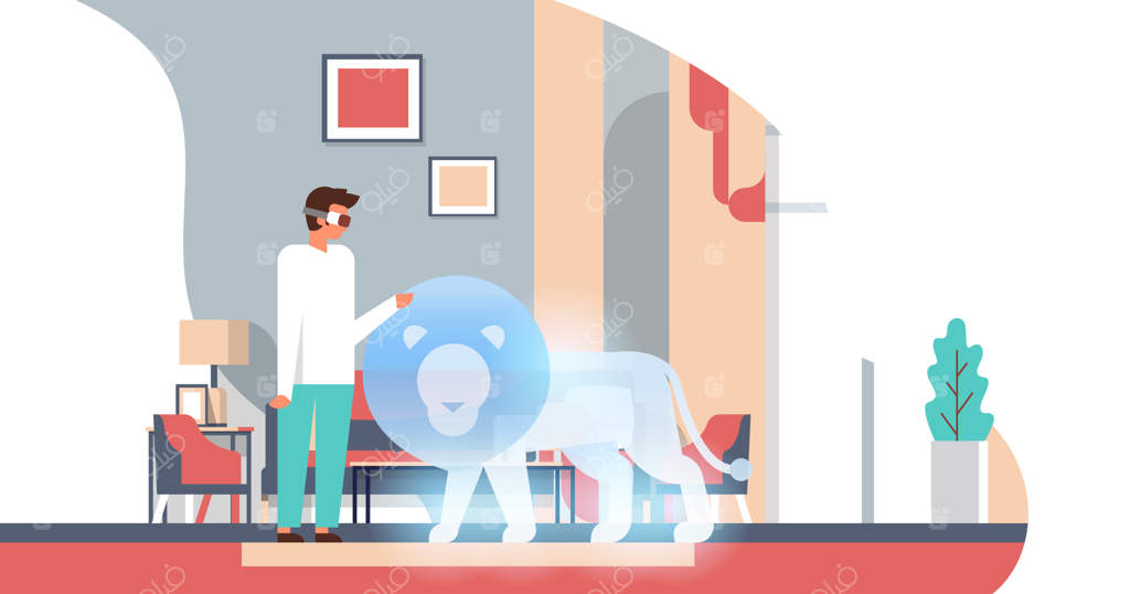 مردی عینک دیجیتال پوشیده و شیر واقعیت مجازی را لمس می‌کند - نوآوری با هدست واقعیت مجازی