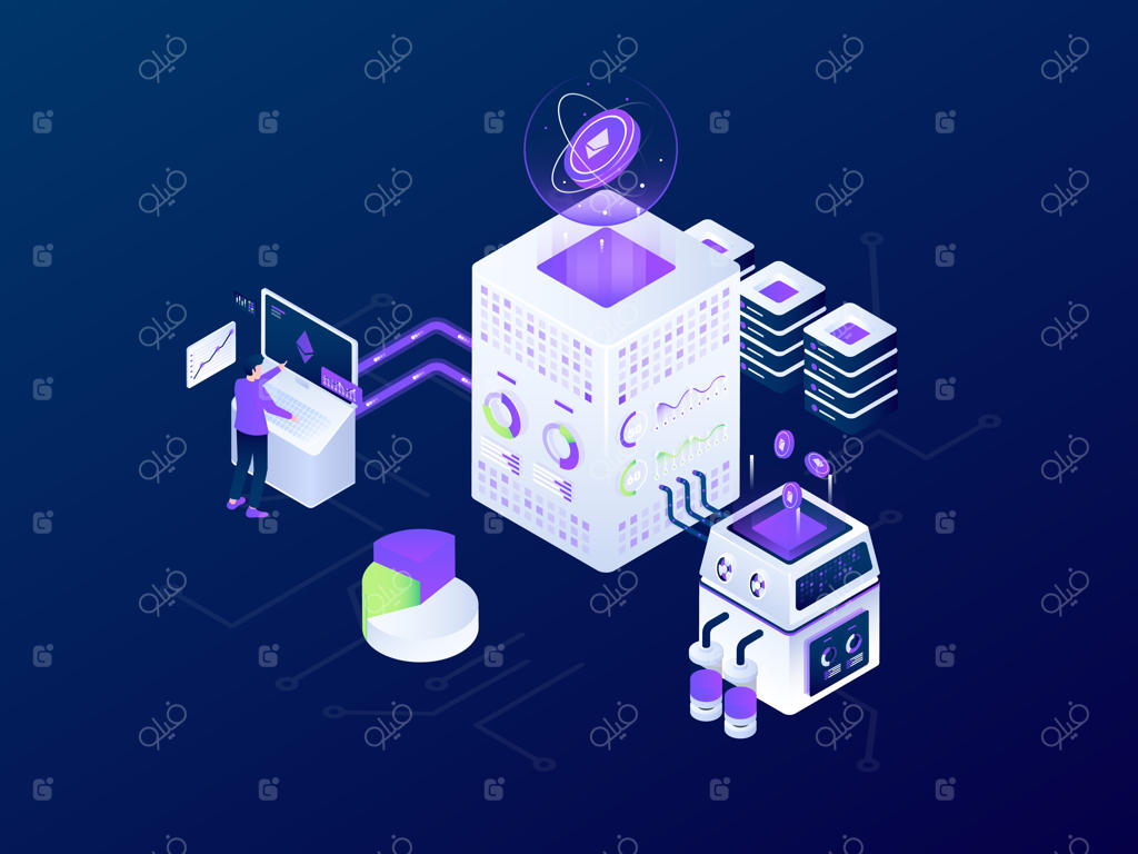 طراحی وکتور ایزومتریک آینده‌نگر: استخراج بیت‌کوین با بلاک‌چین ارزهای دیجیتال