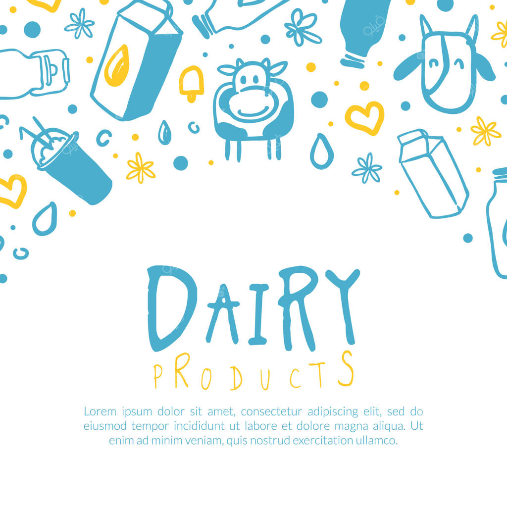 بنر محصولات لبنی با جای متن، بروشور غذای طبیعی شیر، فلایر، پوستر، کارت، قالب بسته‌بندی با طراحی دستی