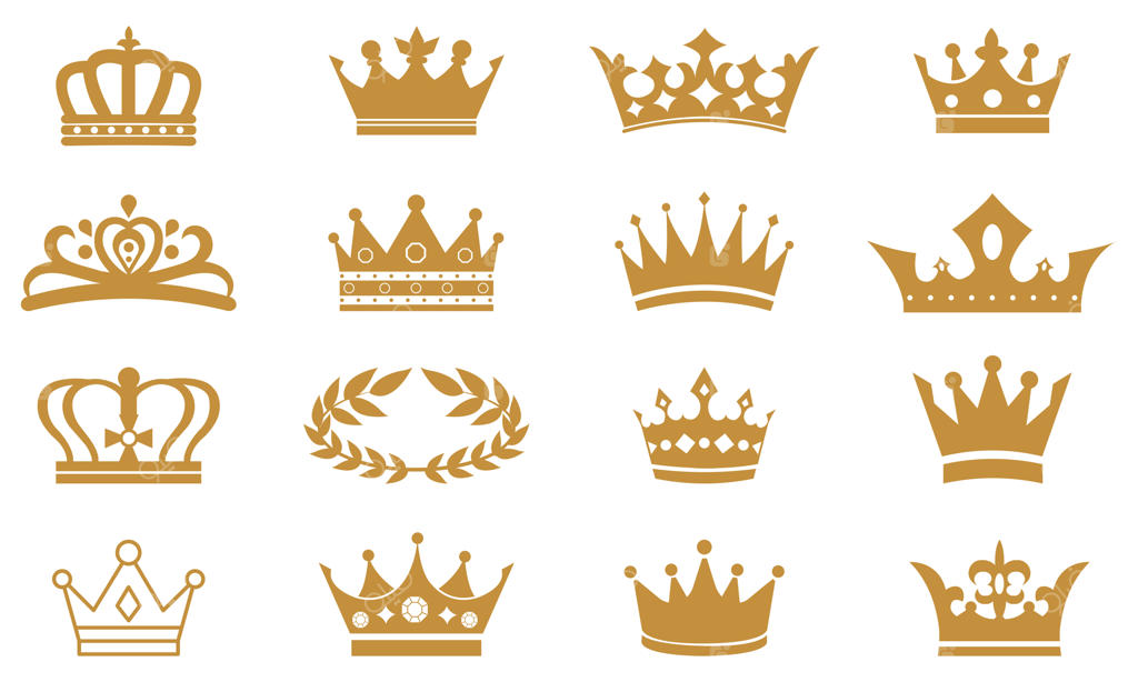 مجموعه آیکون‌های تاج طلای سلطنتی با ۱۶ طرح شیک شامل سبک‌های شاه، ملکه و تاج‌ریزن