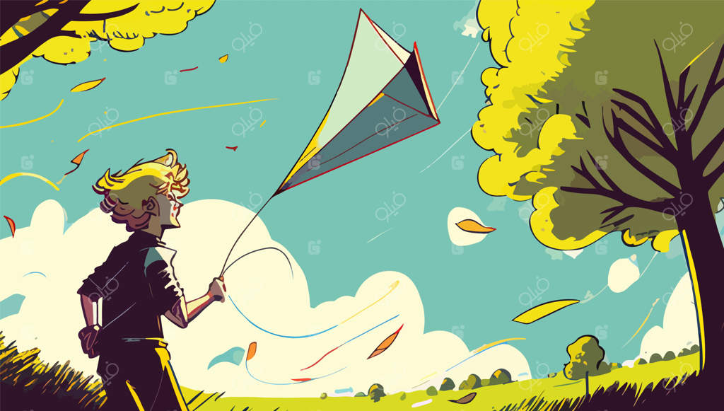 بادبادک بازی: شخصی در حال پرواز دادن یک بادبادک رنگارنگ در یک روز بادی در پارک.