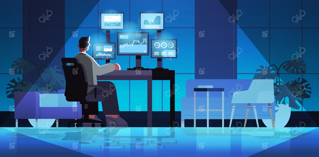 مردی معامله‌گر بورس در حال تحلیل نمودارها و نرخ‌ها بر روی مانیتورهای کامپیوتر در محل کار - تصویر برداری افقی کامل