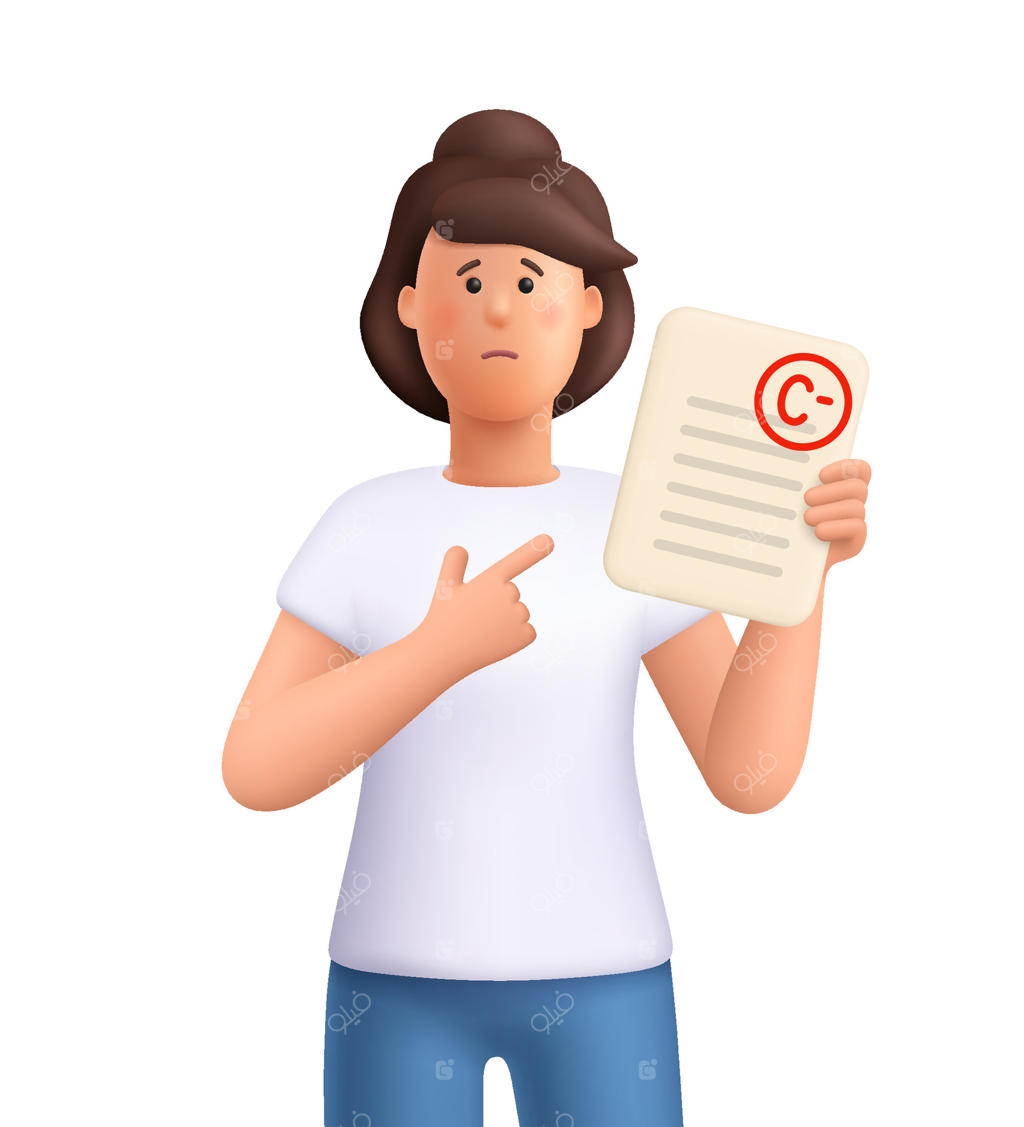 جین، دانش‌آموز غمگین با نتیجه امتحان و نمره پایین C منفی؛ مفهوم آموزش، افت تحصیلی، نمره بد و ناامیدی در یادگیری. کاراکتر سه بعدی، سبک کارتونی مینیمال.