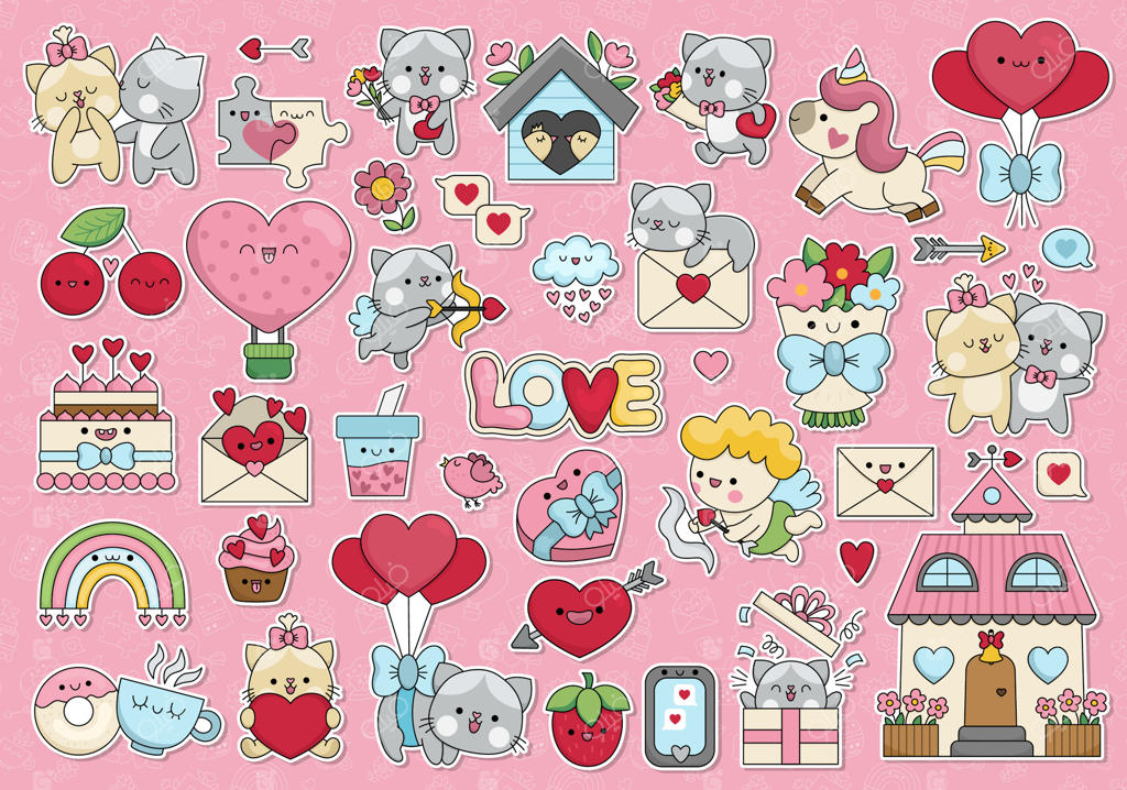 برچسب‌های سنت والنتاین با شخصیت‌های بامزه و کاوایی - کلیپ‌آرت تعطیلات عاشقانه برای کودکان. مجموعه نشان‌های خنده‌دار با کوپید، اسب تک‌شاخ، گربه‌ها، قلب‌ها و گل‌ها. مجموعه‌ای از آیکون‌های عاشقانه کارتونی