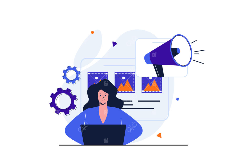 مفهوم مدرن بازاریابی برای طراحی بنر وب - زن بازاریاب محتوای تبلیغاتی ایجاد می‌کند