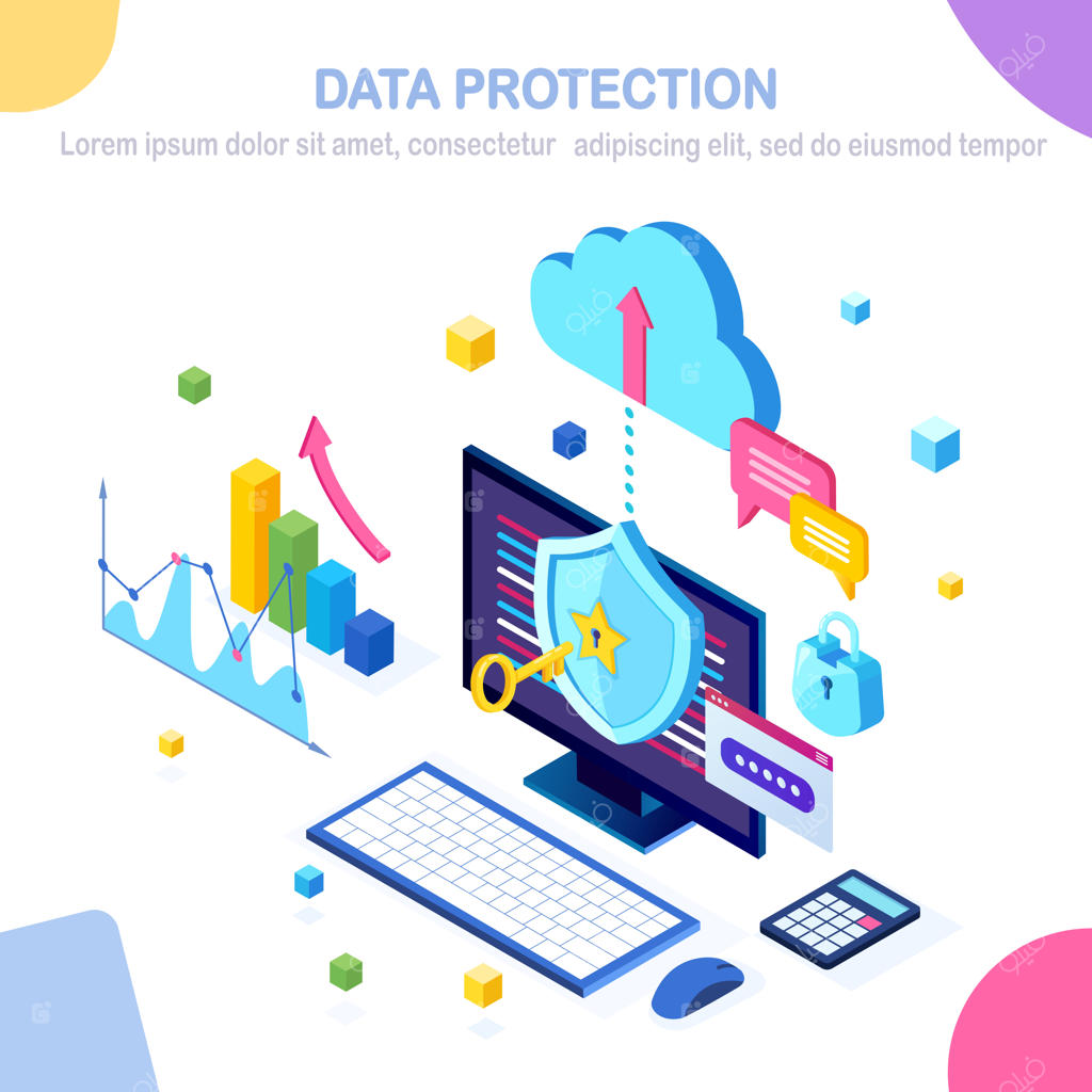 محافظت از داده‌ها، امنیت اینترنت، دسترسی به حریم خصوصی با رمز عبور. طراحی بنر با کامپیوتر ایزومتریک و قفل