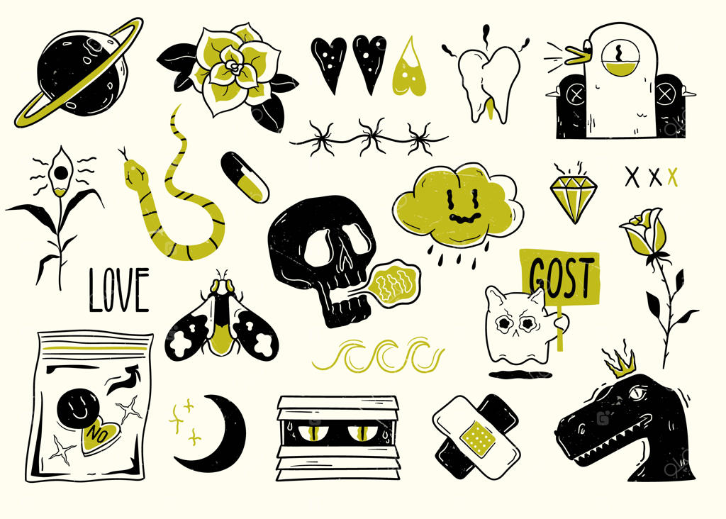 تتوهای کارتونی با طرح سنتی به سبک طنز وکتور ilustration