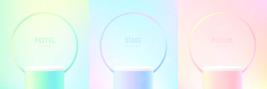 مجموعه‌ای از اتاق‌های سه‌بعدی با پایه‌های استوانه‌ای رنگ‌های هولوگرامی سبز، زرد، صورتی و آبی واقعی