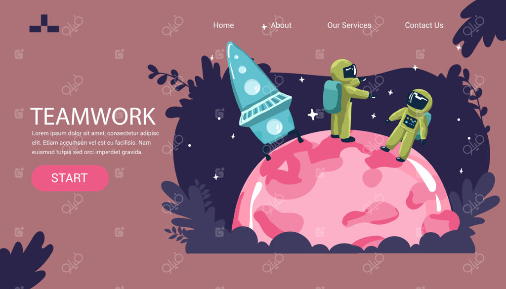 شخصیت‌های فضانورد در سبک کارتونی ساده. انسان فضانورد و یک موجود فضایی بامزه. مجموعه‌ای از اینفوگرافیک‌های جهان شامل راکت، ماهواره، ایستگاه فضایی، سیارات و مریخ.