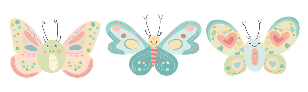 سه پروانه ملایم با چهره‌های بشاش و بال‌های تزئین‌شده با قلب در یک تصویر کارتونی جذاب برای طراحی‌های بهاری و باغی شادمانه پرواز می‌کنند.