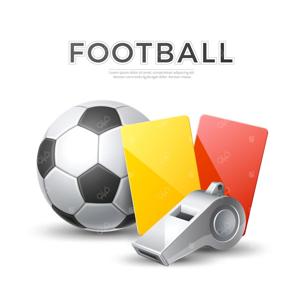 مسابقات فوتبال: تصویر واقعی سوت داور، کارت‌های زرد و قرمز، و توپ فوتبال