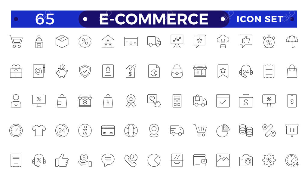 مجموعه آیکون‌های خطوطی تجارت الکترونیک: عناصر خرید و تحویل آنلاین. مناسب برای اپلیکیشن‌های موبایل. تجارت، فروشگاه، بازاریابی دیجیتال، کارت بانکی، هدایا، تخفیف و تحویل.
