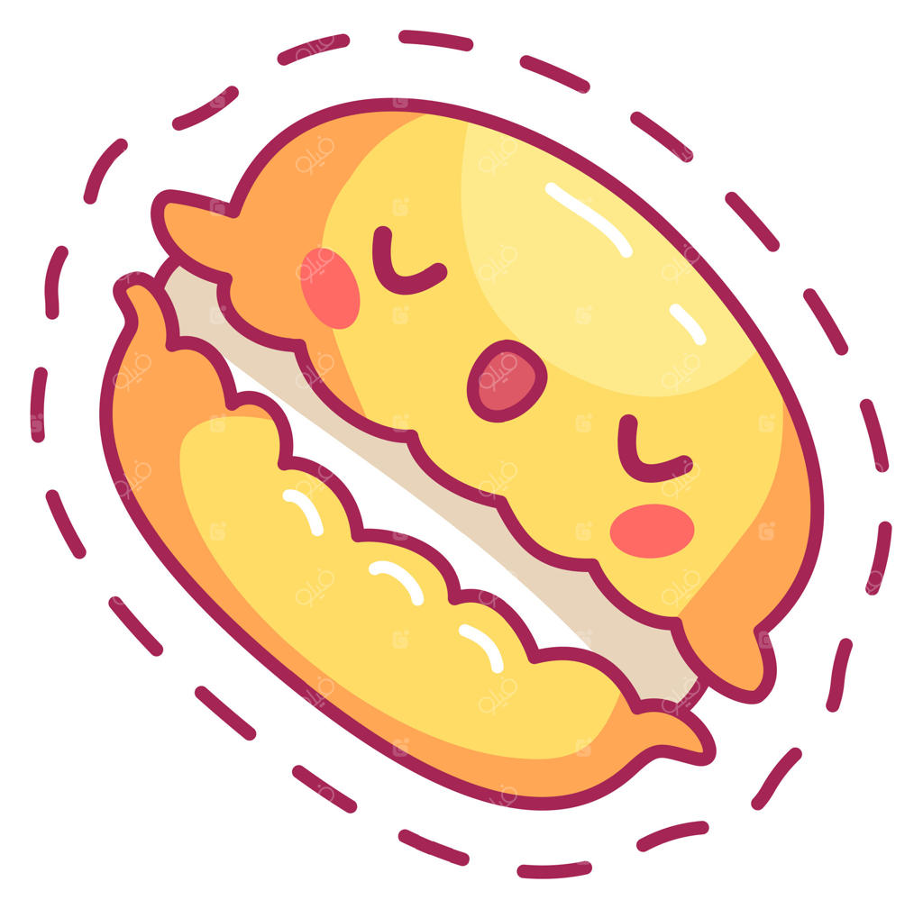 شخصیت دسر جذاب به شکل ماکارون با چهره‌ای شاد در حال چرخش است؛ رنگ‌های زرد روشن، جذابیت بازیگوشانه‌اش را دوچندان کرده است.