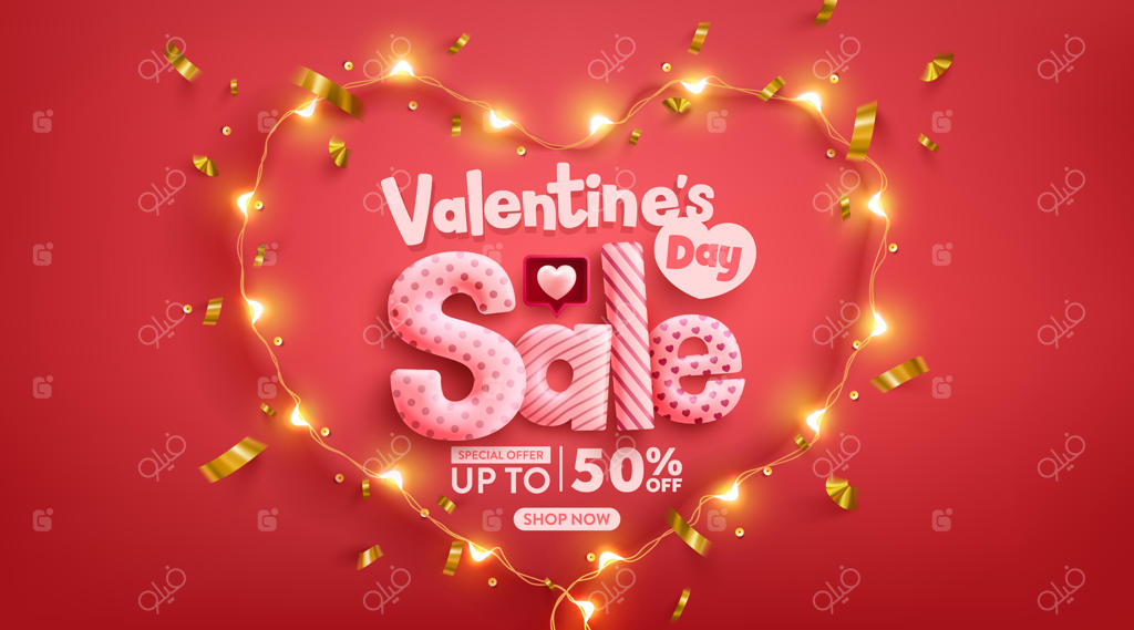 پوستر فروش ویژه روز ولنتاین با نماد قلب از چراغ‌های ال‌ای‌دی روی پس‌زمینه قرمز