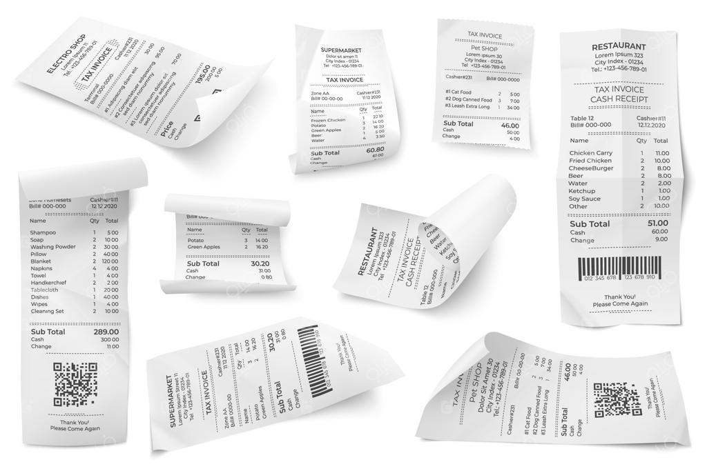 صورت‌حساب‌های خرده‌فروشی: قبض سوپرمارکت، فاکتور رستوران، رسید مالی. قالب وکتور برای برگه پرداخت واقعی. صورت‌حساب سوپرمارکت و فاکتور سفارش.